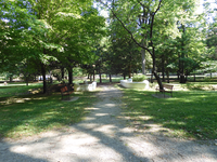 A walkway through the Park with 2 benches next to a bridge. The grass is green and trees are in full bloom.