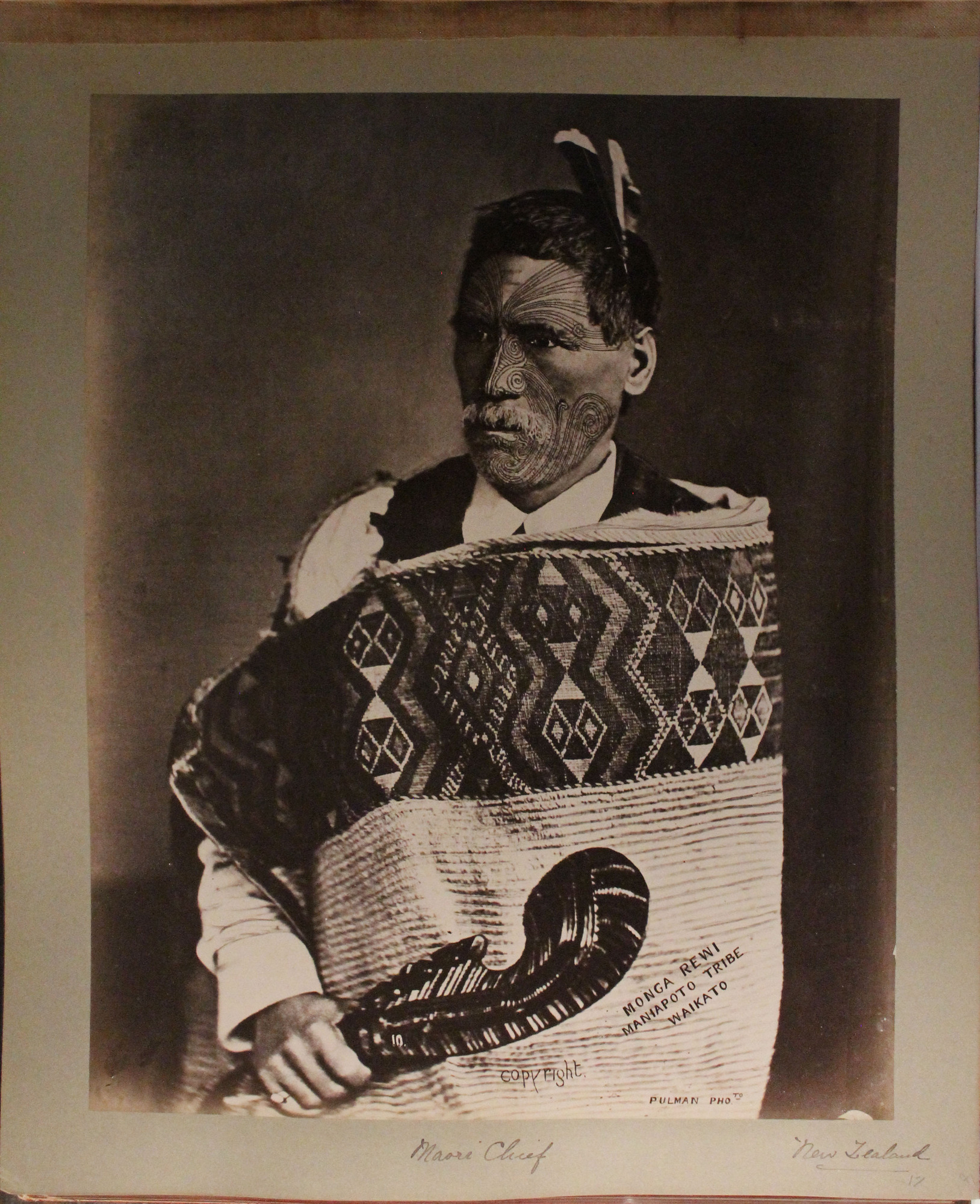 Maori chief, portrait. He has a thin white beard, short, white hair decorated with feathers and extensive facial tattoos. He wears a stiff cloak decorated with geometric designs around his shoulders. He holds a short, carved paddle in his hands.