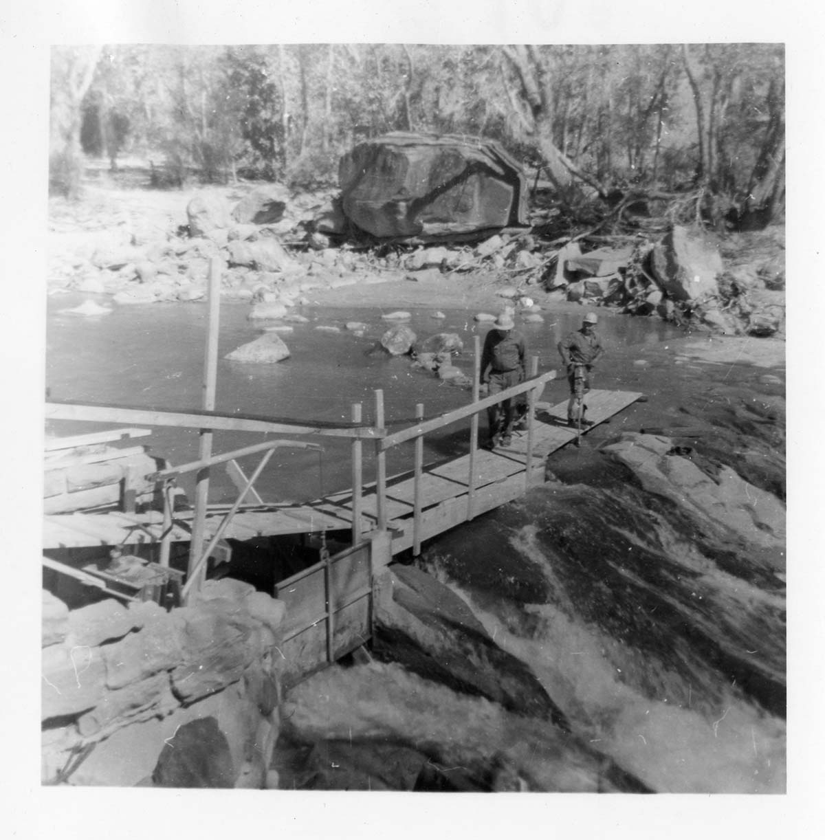 BW photo of the construction/modification of the Canyon Junction Spillway on the Virgin River.