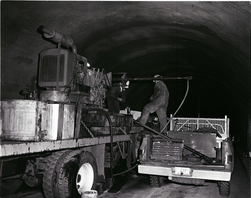 Crews and equipment drilling test cores in Zion-Mt. Carmel tunnel.