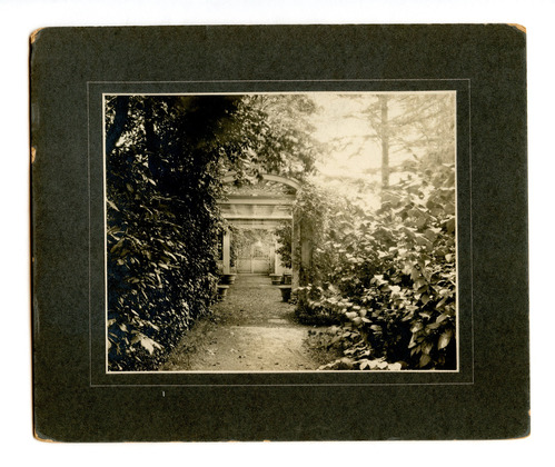 Black and white photograph of path through garden, including arbor and gate.