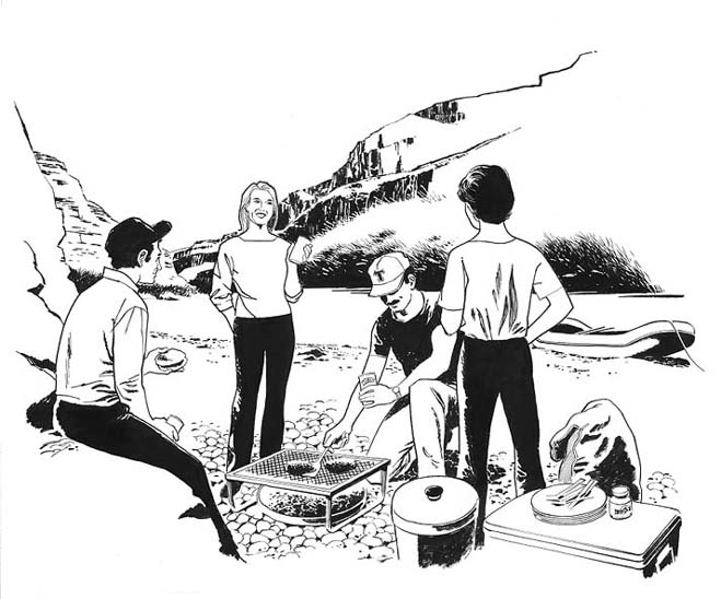 Family taking a break during a raft trip to camp and cook out.