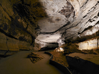 A paved trail splits around a large rock in the cave. 