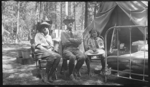 Alice Coolbaugh, Allan Bevans & Jean Coolbaugh in Camp 14, Yosemite Valley. Copied courtesy Mrs. Jean Coolbaugh Blasdale. Copied September 1983 by Michael Dixon.