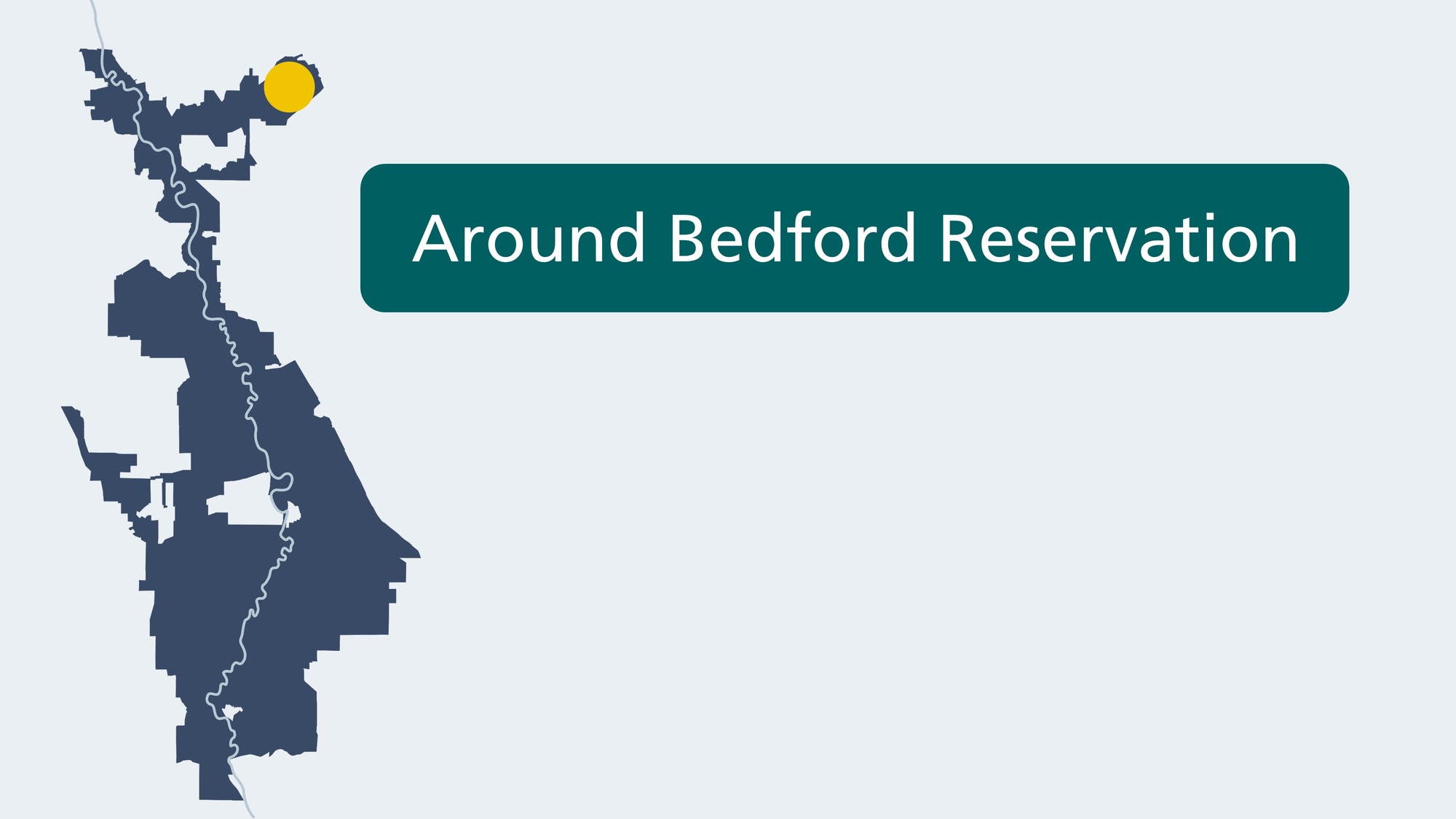 Blue illustration of an irregularly shaped park boundary and a winding river in light blue down its center; at right, text: “Around Bedford Reservation.”