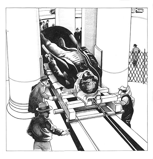 Scene depicts the moving of the bronze sculpture of Thomas Jefferson into the memorial in Washington, DC.