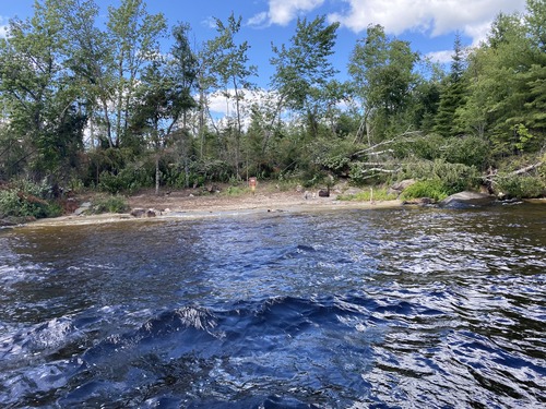 View of houseboat site from water of the beach access with the houseboat sign and fire ring on beach. There are a few blown down trees past beach with blue sky peering through trees left standing.