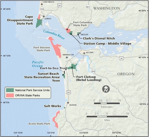 Relief map showing the location of the sites within the legislative boundary of Lewis and Clark National Historical Park. 
