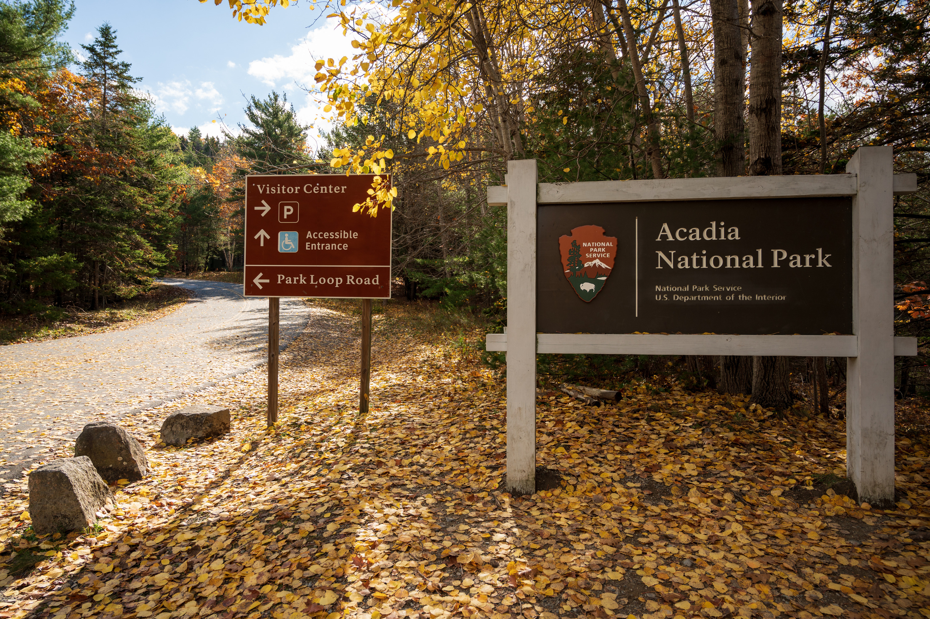 Along a roadway in a forested area there is a park entrance sign for Acadia National Park and a road sign with a brown background and white letters indicating turn arrows for parking, an accessible entrance, and the Park Loop Road