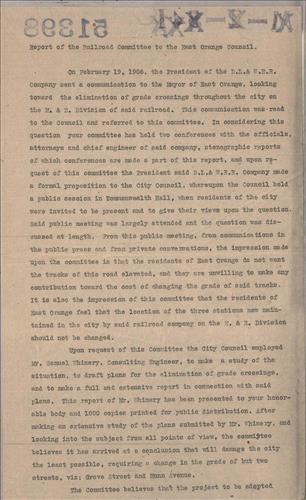 51398.PB#001--Report to committee to East Orange council regarding elimination of grade crossings throughout the city [1906.02.19] 3 pages