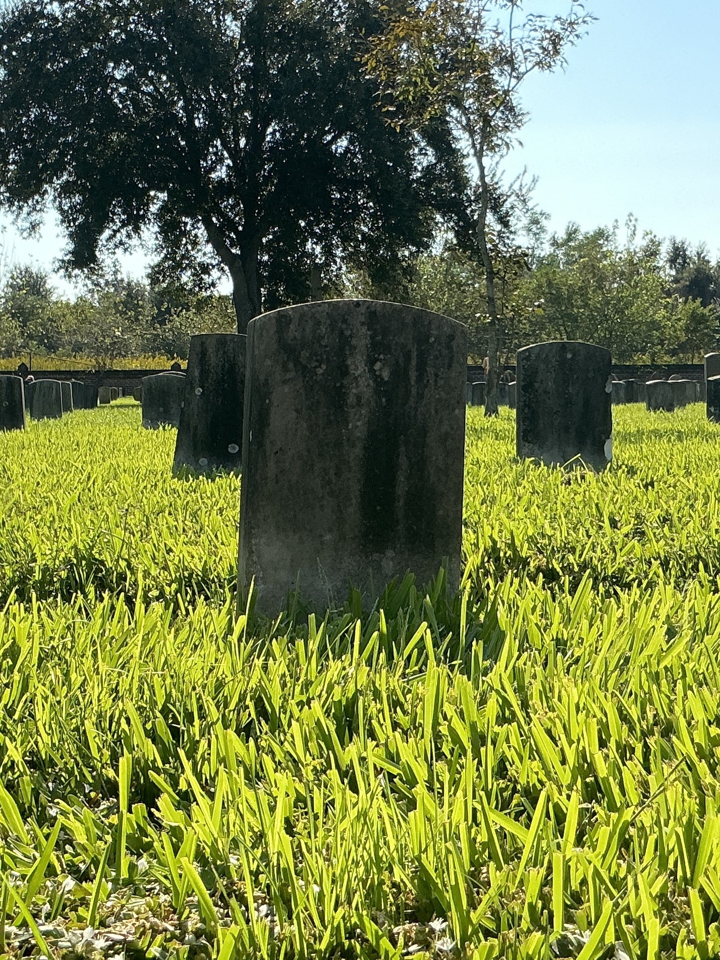 Back of historic upright marble headstone with recessed shield face.
