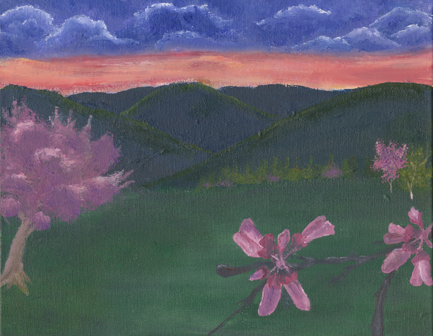painting of purple flowers, mountains, and clouds
