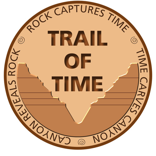 Circular logo with canyon cross section and text; Trail of Time, Rock Captures Time, Time Carves Canyon, and Canyon Reveals Rock.