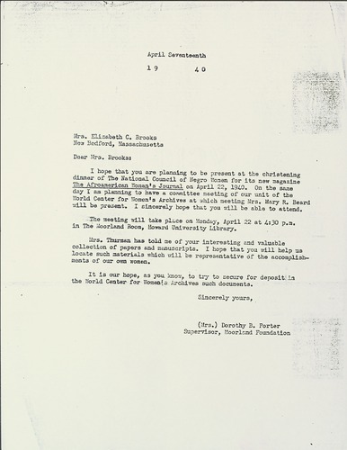 Correspondence between Elizabeth C Brooks and Dorothy B Porter, April 17, 1940