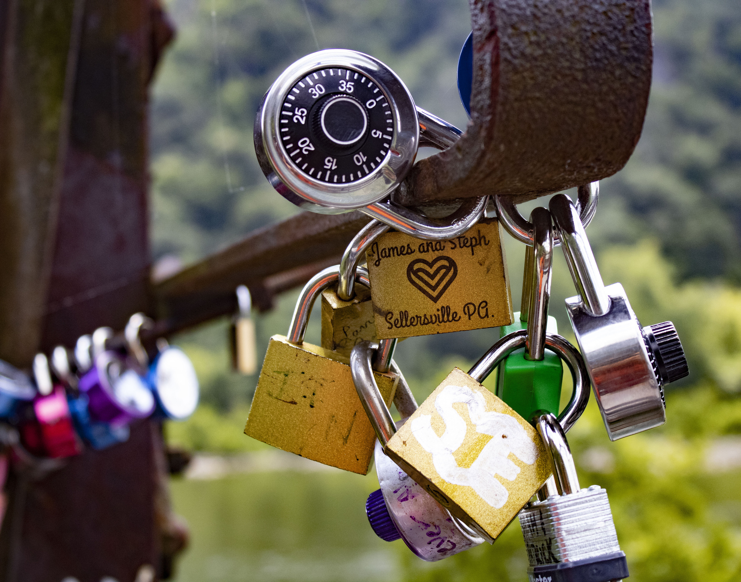 Various locks interlocked together at Harper's Ferry.