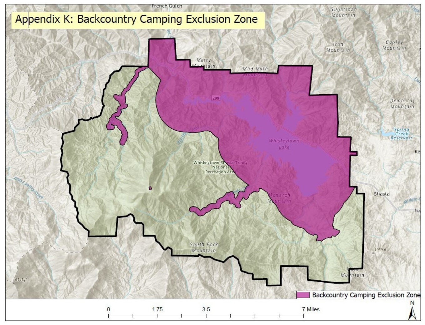 Map of the areas where Backcountry Camping is not permitted.
