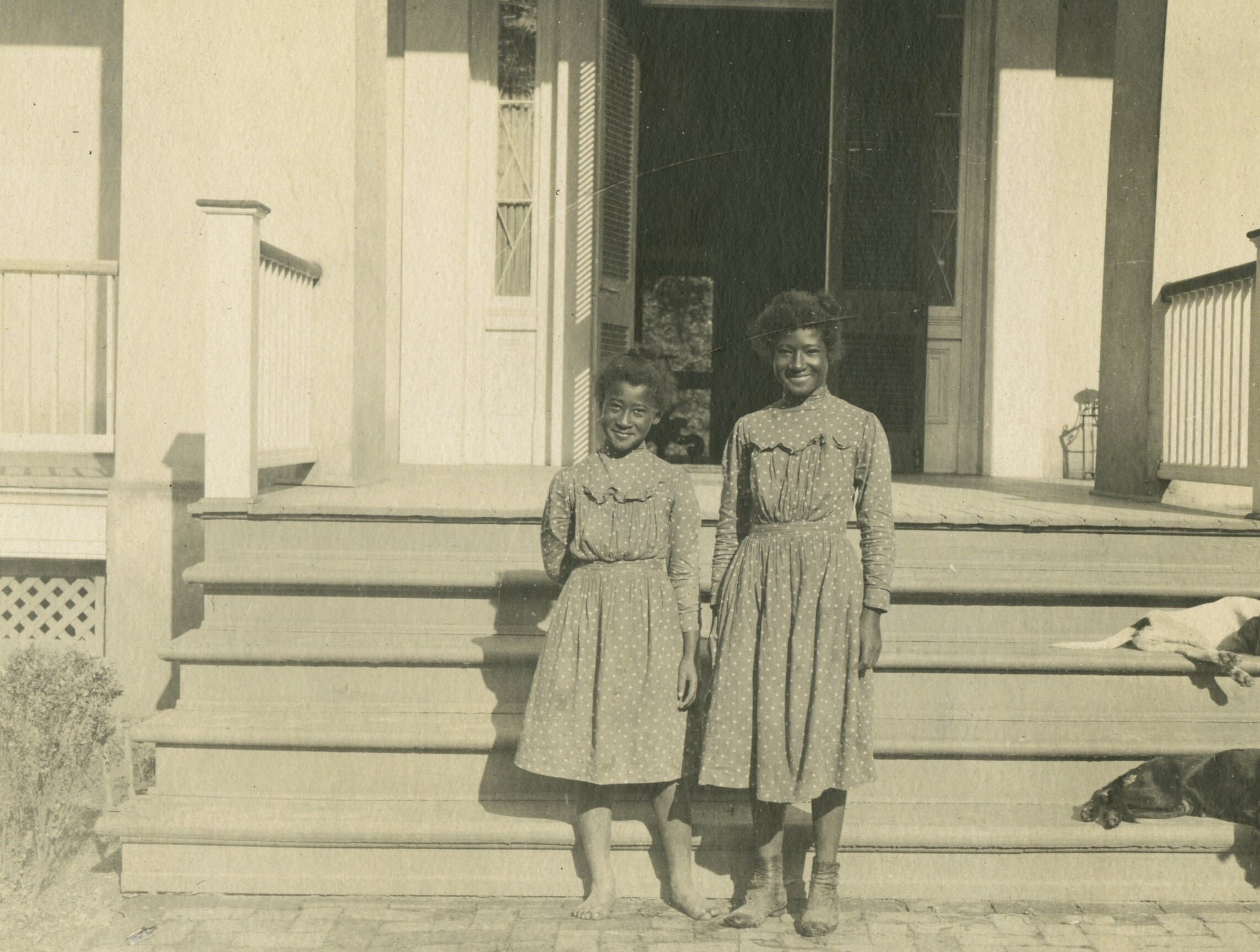 Two young girls standing on a set of wooden steps.  Two dogs are sleeping on the steps.