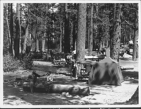 Fish Story. Arthur G. Holmes Collection: Album 4--Manzanita Lake campground showing campsites with tents and two men sitting on log in foreground.  Page Note 