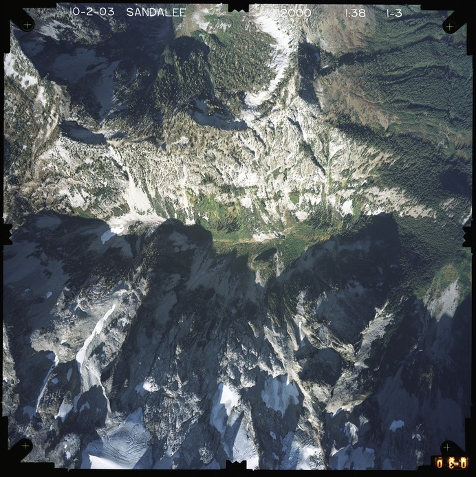 Color aerial photograph of glacier and snowfields on mountain peak with forested valleys below.