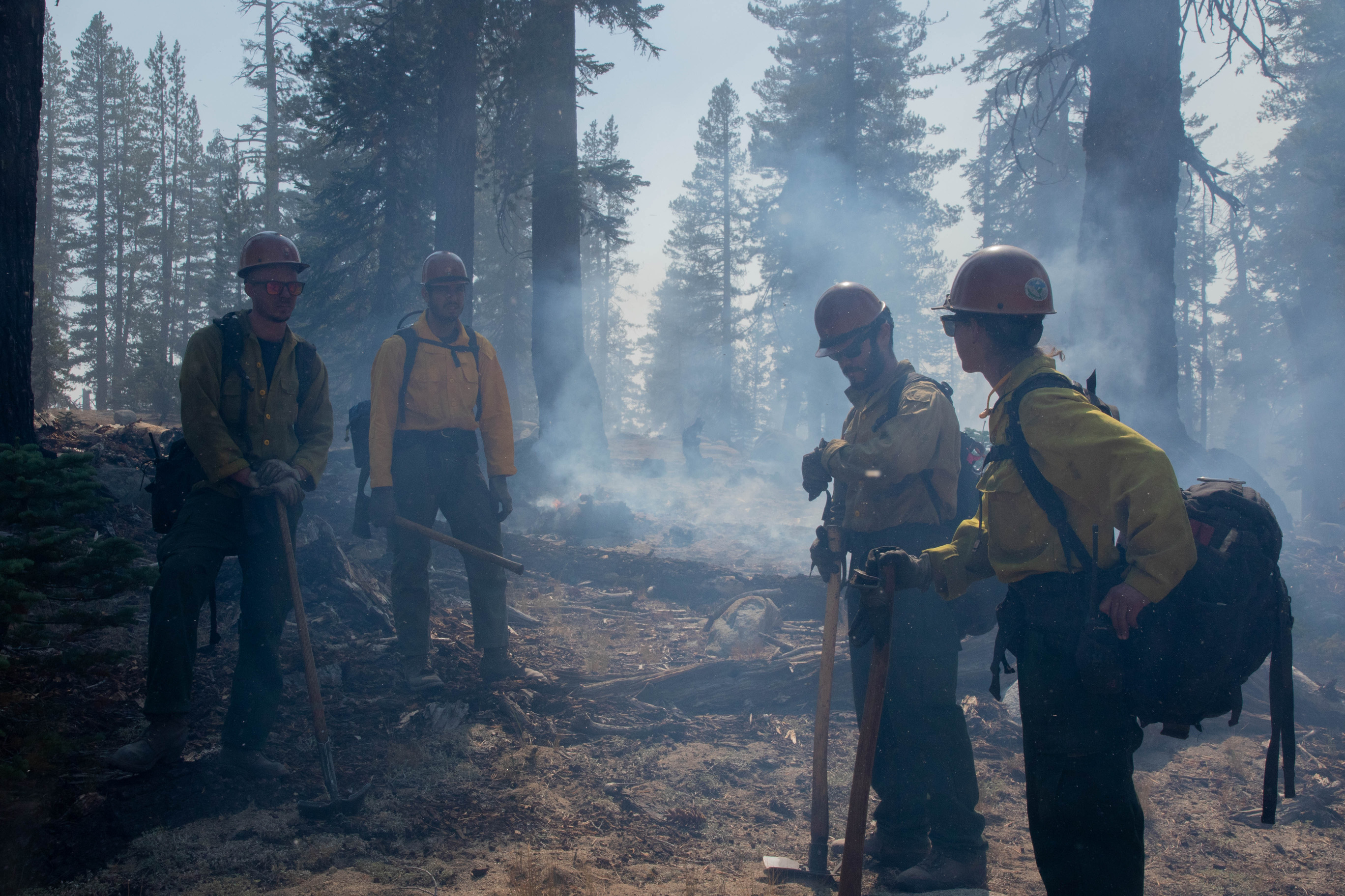 Wildland firefighters walk through wooded areas with smoke and fire around them