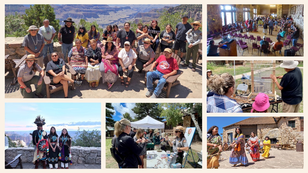 A collage of six photos shows a group of people outdoors by a canyon, smaller images of cultural dancing, people in traditional attire, and a gathering inside a rustic building, all celebrating a cultural event. 
