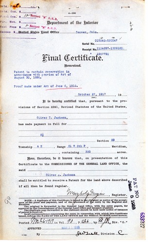 Scanned image of a Homestead FINAL CERTIFICATE form. See description for text.