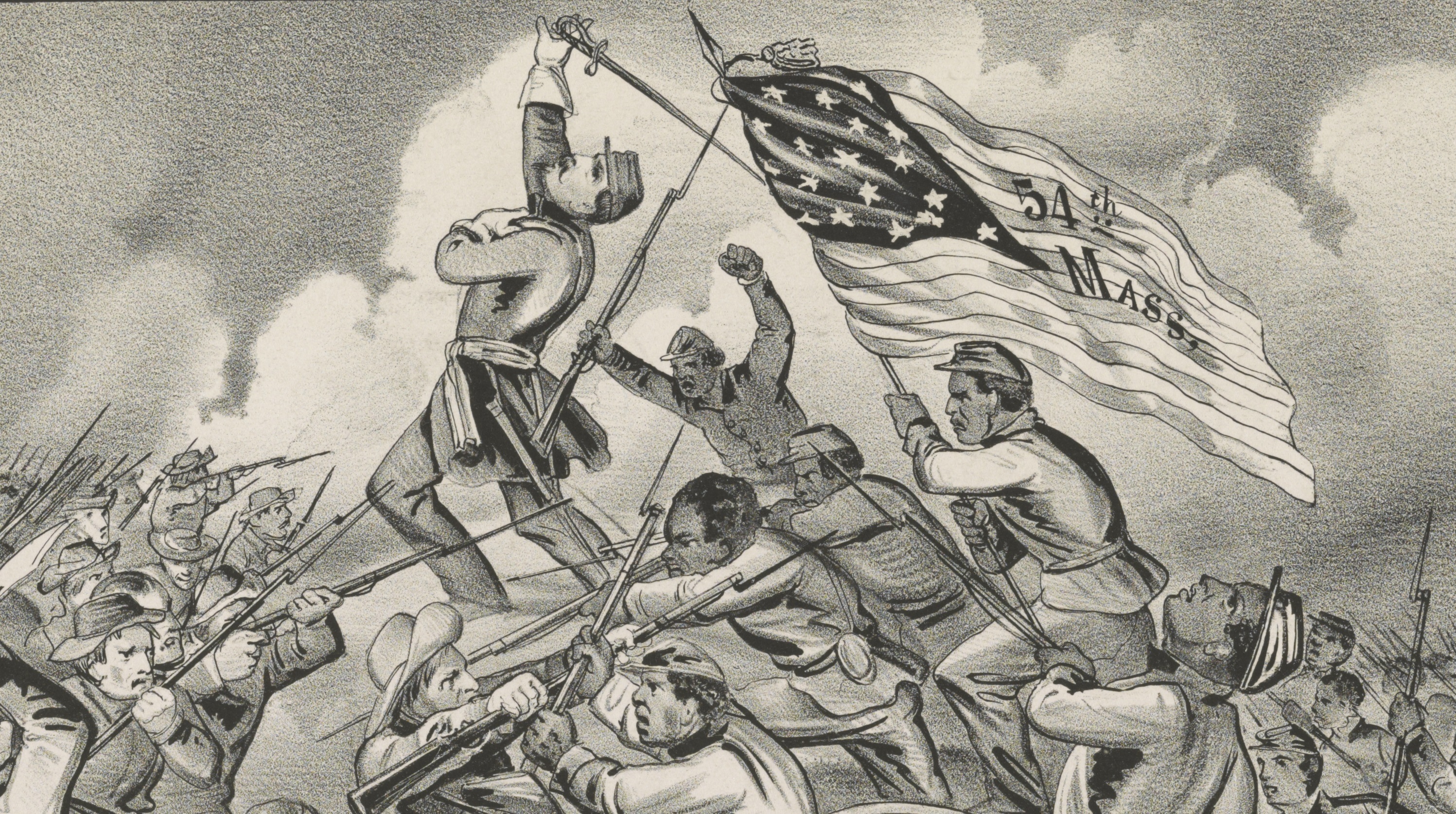 Black and white drawing of Confederate and Union soldiers engaged in combat with their weapons. A Black soldier holds an American flag that has the words "54th Mass" written across it.