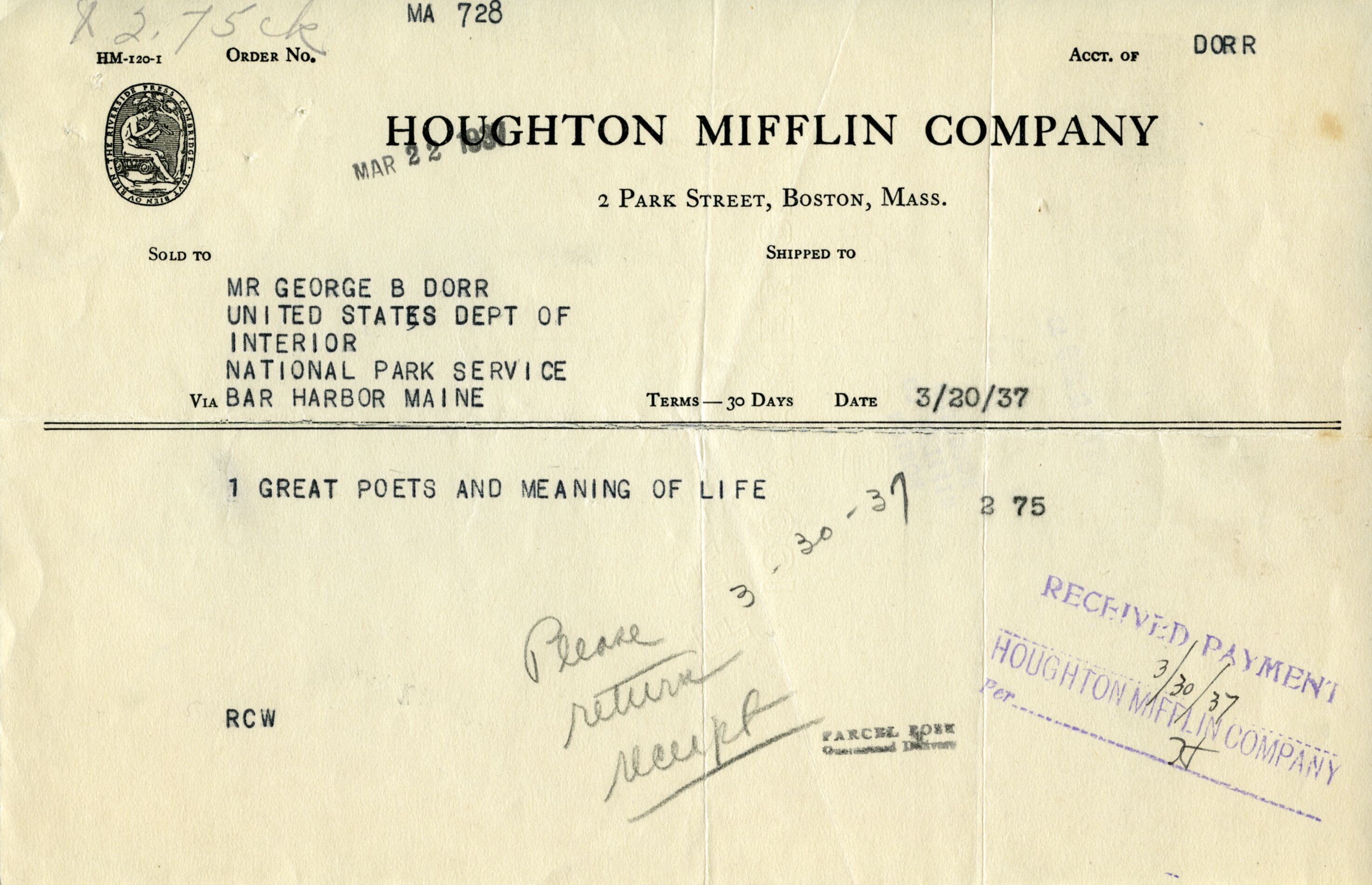 Receipt, Mifflin to Dorr, March 30, 1937 p.1.tif