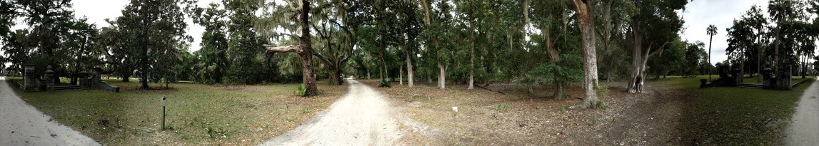 360 view of gravel entry road, tabby concrete pillars and decoratvie iron archway
