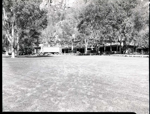 Rebuilding Zion Lodge after fire of January 28, 1966 - general view of construction.