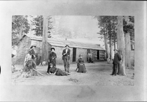 Galen Clark (rt) at Murphy's cabin (Lake Tenaya). Copied by Michael Dixon, October 1980. George Fiske (#7039)