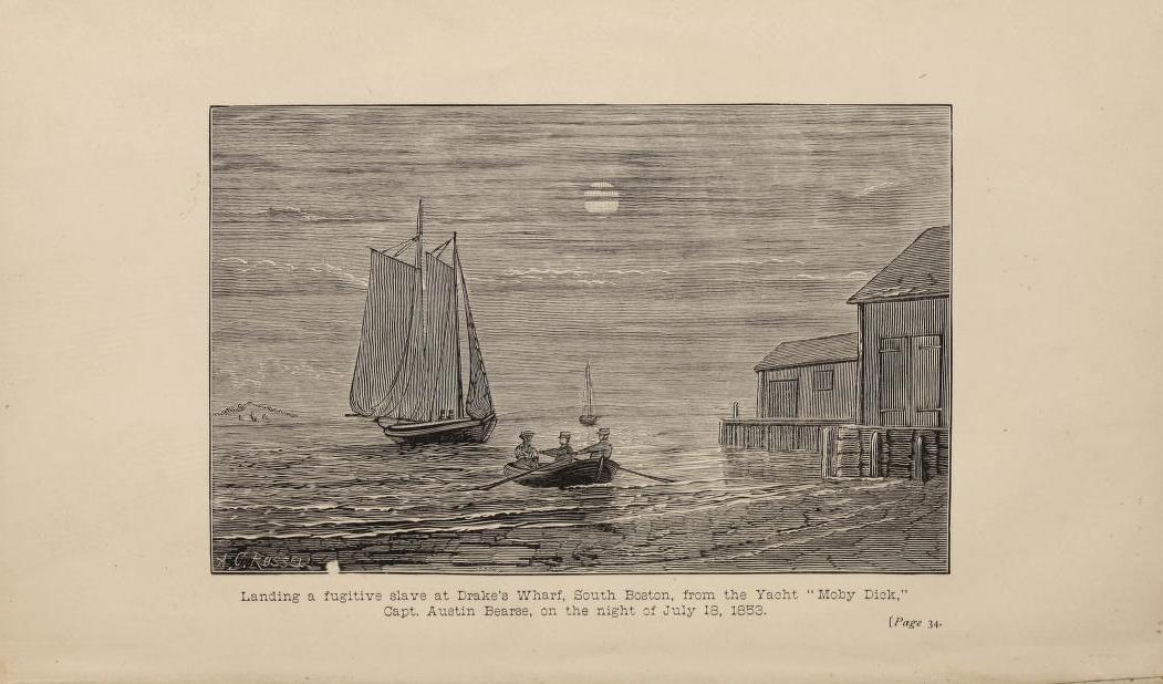Engraving of a ship in the water and a small boat rowing towards shore.