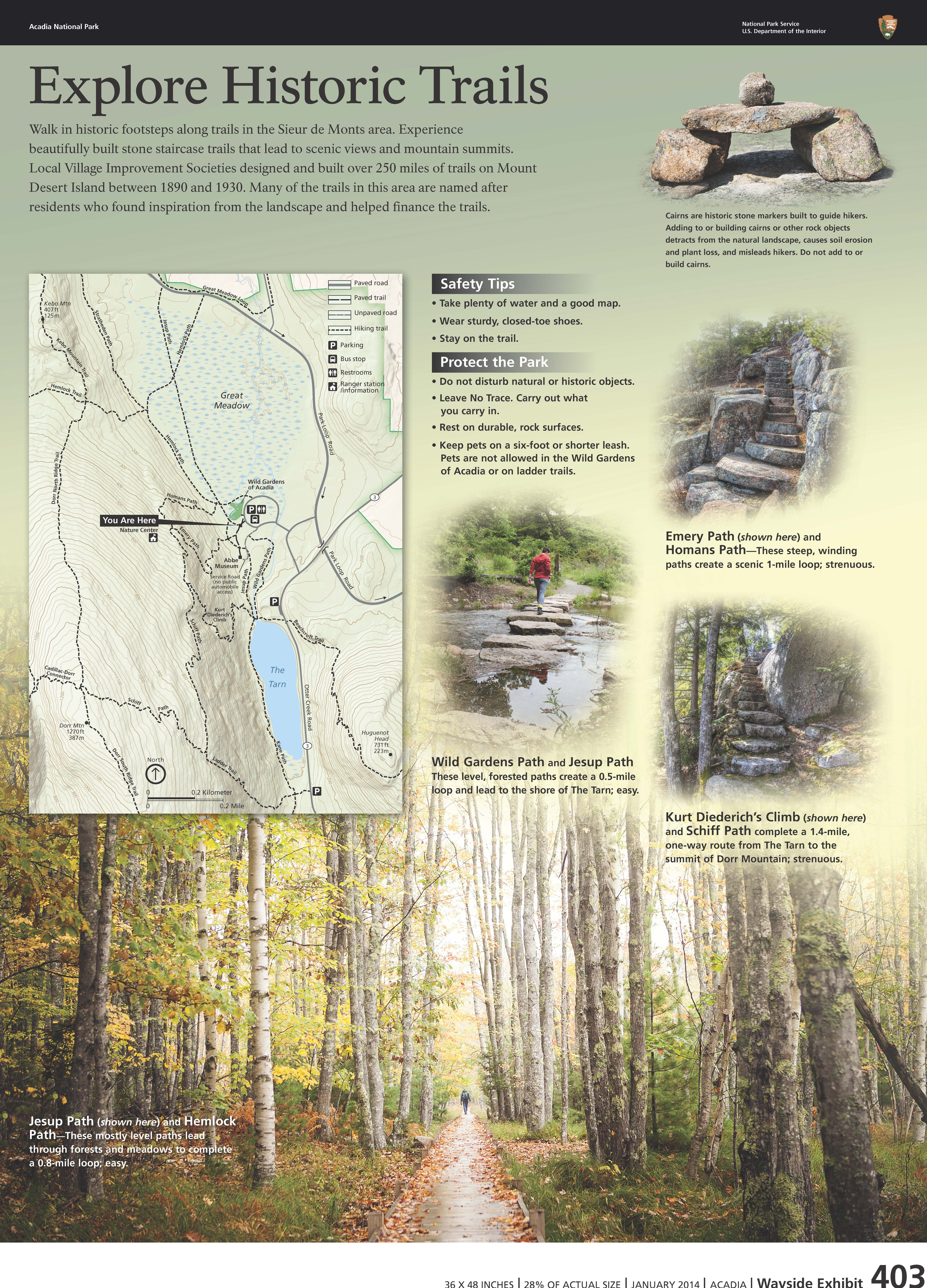 Title: Explore Historic Trails in bold; background of an area map and inset images of various trails and trail features.