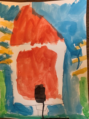 A painting of a red and white building with a black door surrounded by blue sky and green grass.