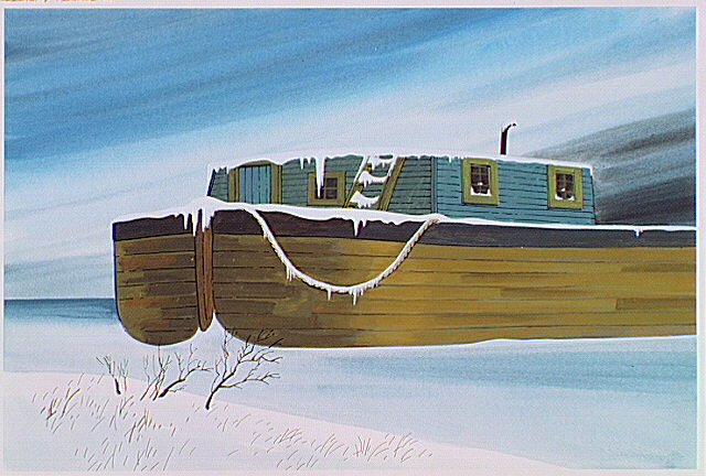 Icicles hanging from prow of a canal boat.