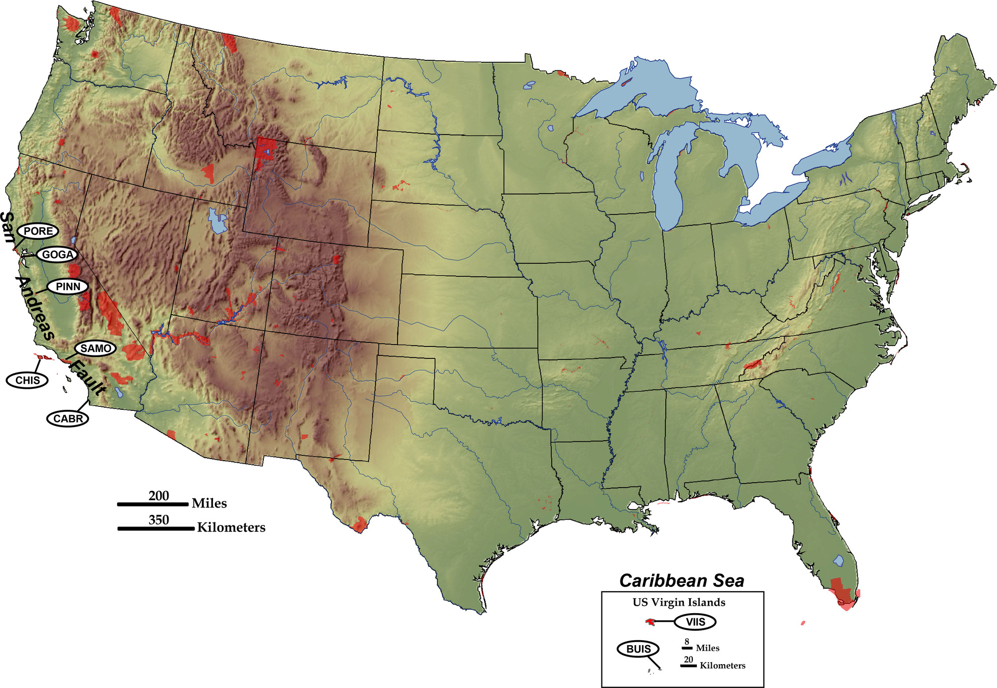 Shaded relief map of United States, highlighting National Park Service sites at Transform Plate Boundaries.