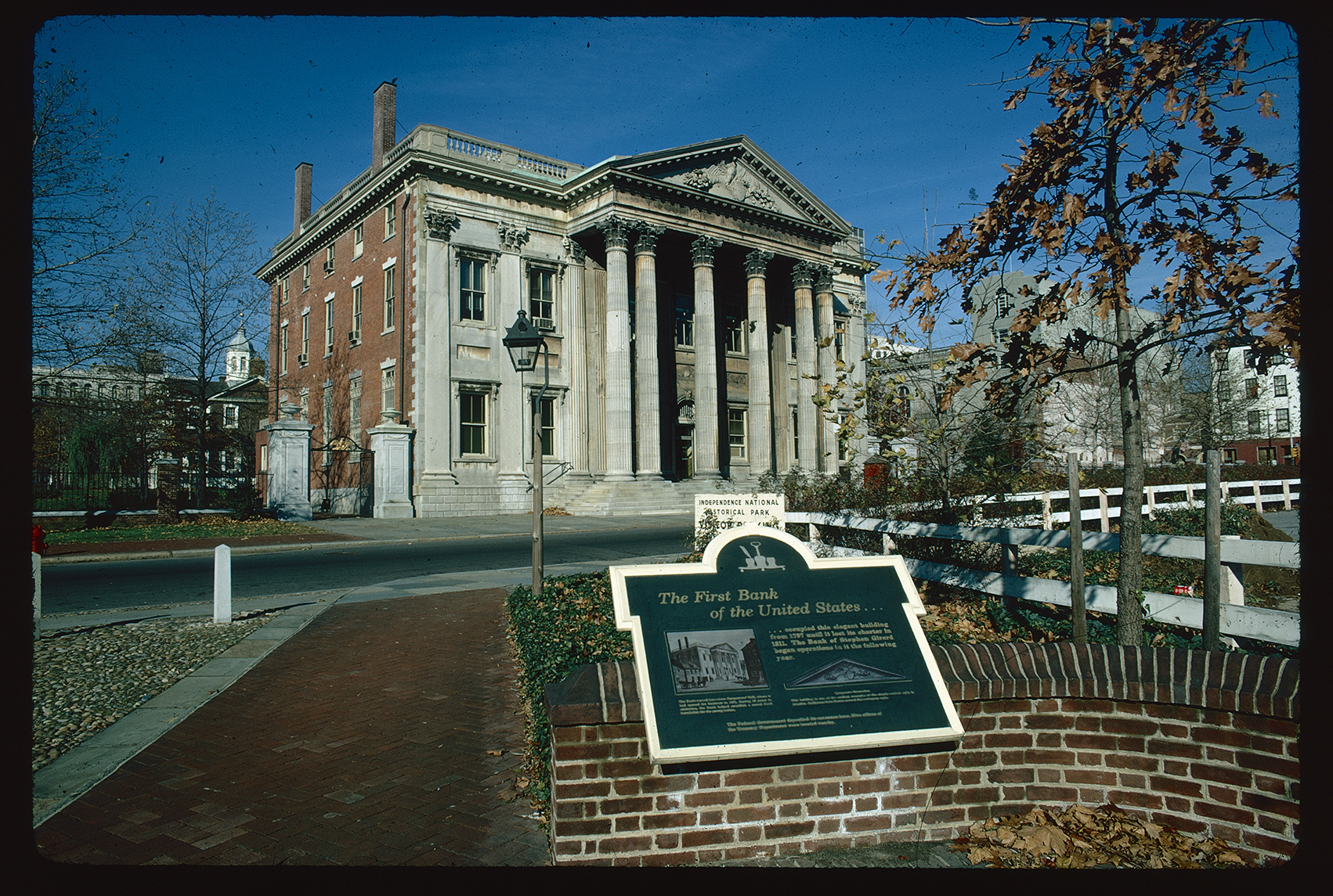First Bank of the United States. Exterior. Front and south side. Looking northwest across 3rd Street from near Dock St.