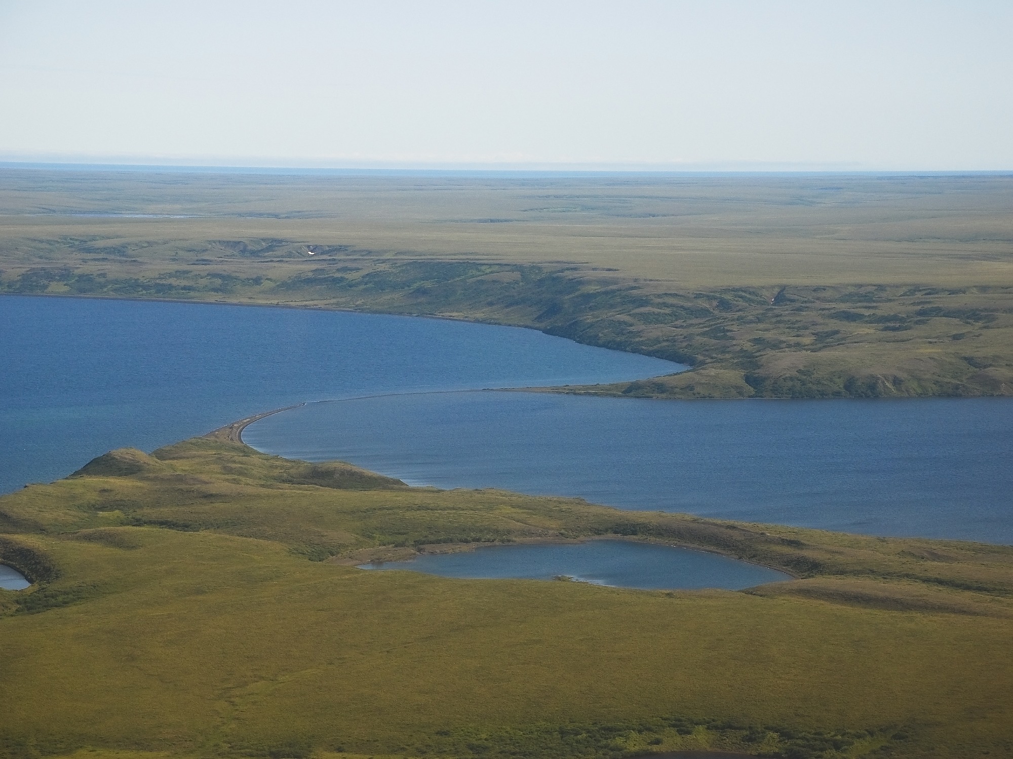 From above, two oval-shaped bodies of water radiate their vibrant blue hue against a flat verdant meadow.  