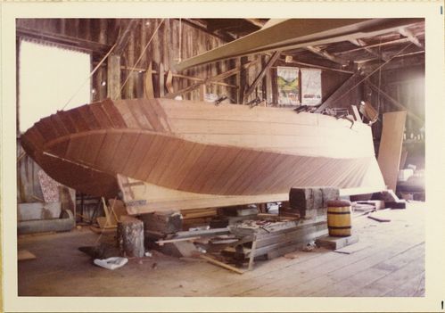 Boats under construction at the Aeolus Boat Shop, Davenport, California