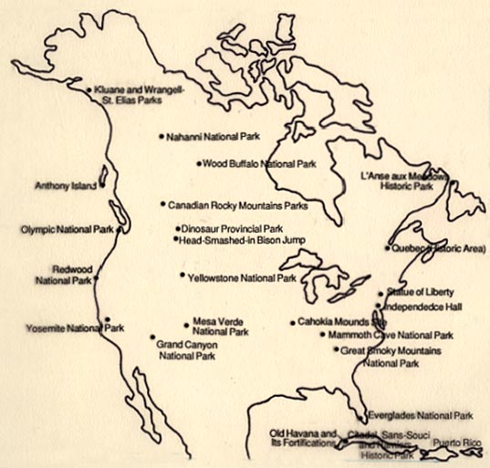 Map of North America marking designated World Heritage sites.