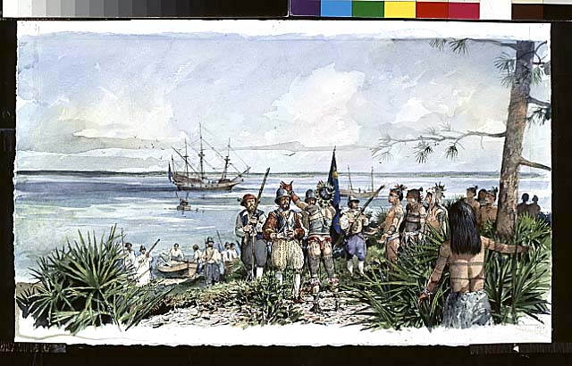 Scene depicts Captain Rene de Goulaine de Laudonniere, his men, and French settlers being greeted by Timucuan Indians on the coast of the River of May (later called St.