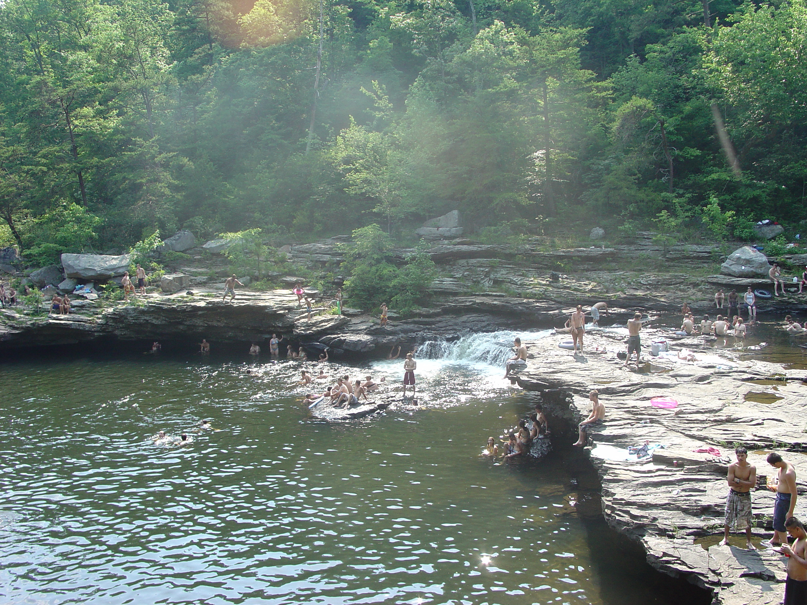 A shelf of sandstone forms Little Falls, a popular swimming hole in the summer and a beautiful setting in the fall.