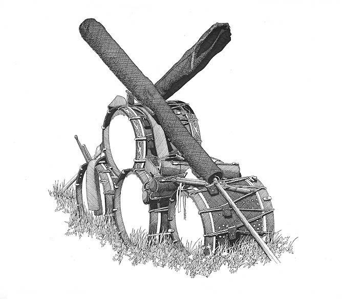 Pile of four drums, two cased colors (flags) and miscellaneous accoutrements on Yorktown's surrender field.