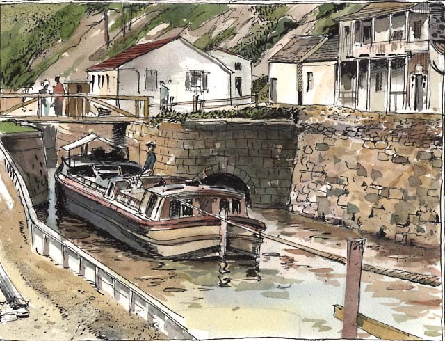 Illustration of Canal Boat exiting a lift lock