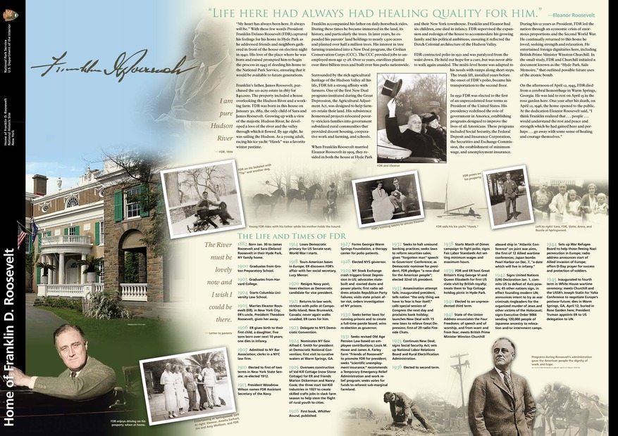 Side one of the park brochure with narrative text, timeline, and collage of photos. An accessible version of the brochure is available on the park website.