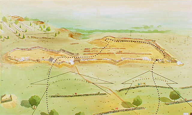 Aerial view of Balcarres Redoubt facing east highlighting the positions of the American Continental soldiers assaults, the present tour road, and the present tour path.