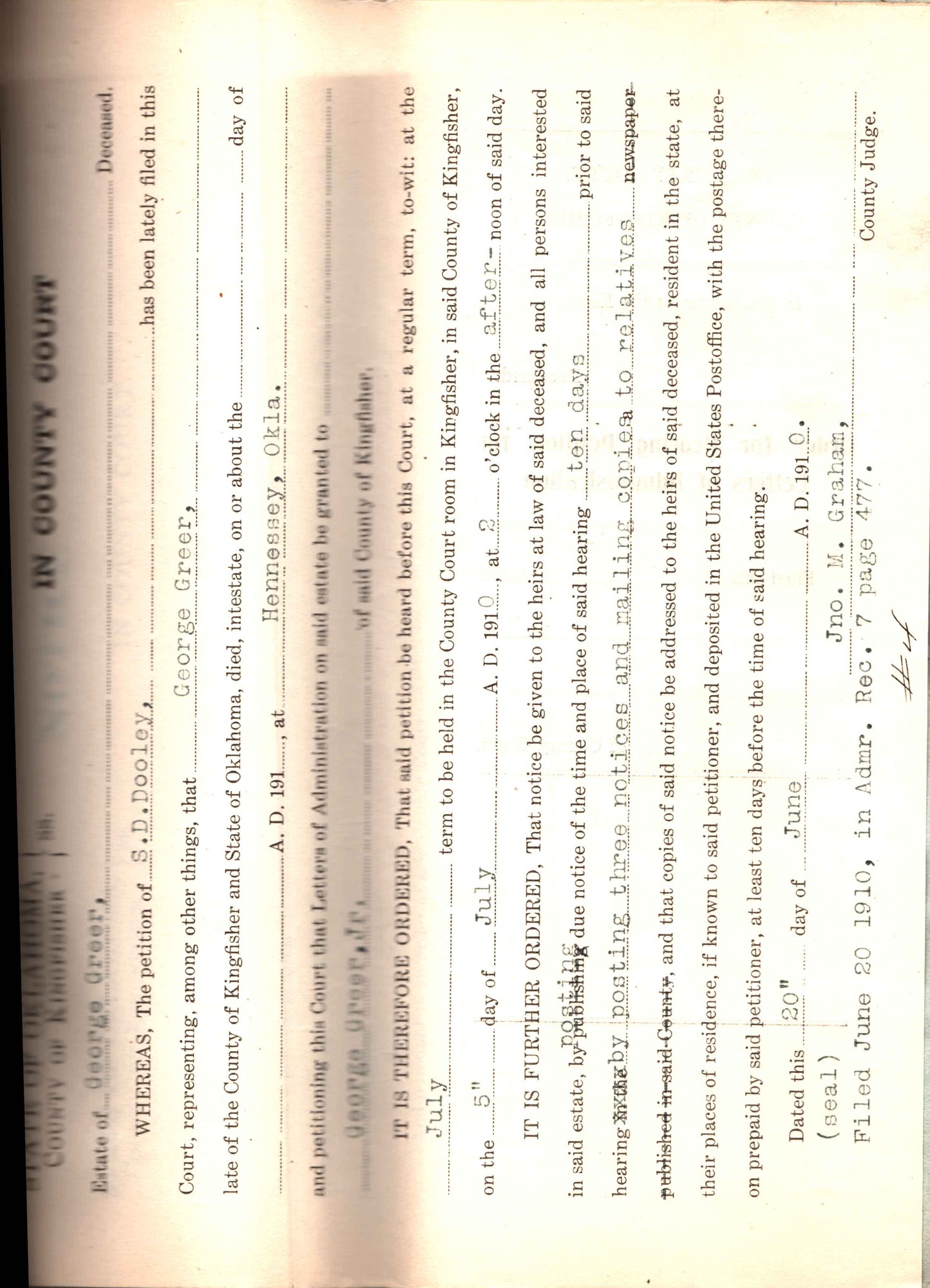 Yellowing scanned Homesteading case file. Transcribed text from the scan is found in the image description. Shadowing shows where the document was folded in two parts.
