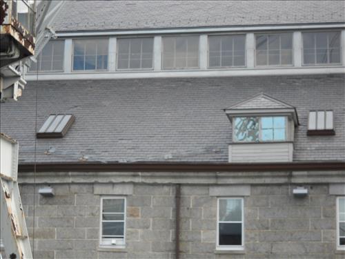 Damaged roof tile and snow rail; Building 24 Charlestown Navy Yard 2012
