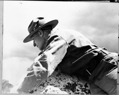 Copy Neg: Michael Dixon, 1985. "Carl W. Sharsmith, Botany Instructor, Washington State, Authority on alpine flora & hike unexcelled." Original photo in the 1939 Yosemite Field School Yearbook.