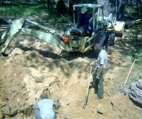Construction vehicles in operations during the Zion Lodge utilities project.